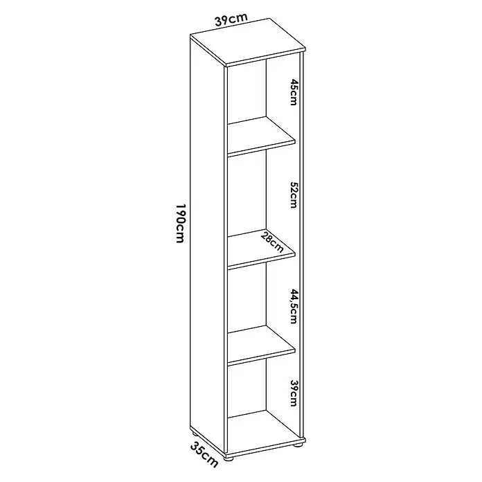 Dekit Armario multiusos de madera Fit - L x An x Al: 35 x 39 x 190 cm, Número de baldas: 4 ud., Roble - Ilustración de una librería estrecha con cuatro estantes, etiquetada con las dimensiones: altura 190cm, ancho 39cm y profundidad 35cm.