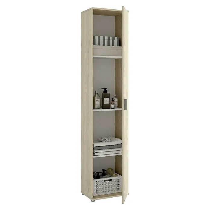 Dekit Armario multiusos de madera Fit - L x An x Al: 35 x 39 x 190 cm, Número de baldas: 4 ud., Roble - Un armario de baño alto y estrecho de madera clara con una puerta abierta, lleno de artículos de cuidado personal, toallas y una caja de almacenamiento.