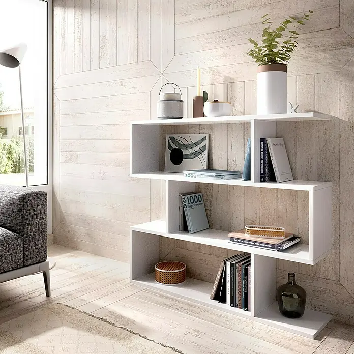 Dekit Estantería de madera Lis - Al x An x Pr: 96 x 110 x 25 cm, Número de baldas: 3 ud., Atornillado, Blanco - Librería blanca moderna con elementos decorativos que ofrece una adición elegante y funcional a cualquier interior.