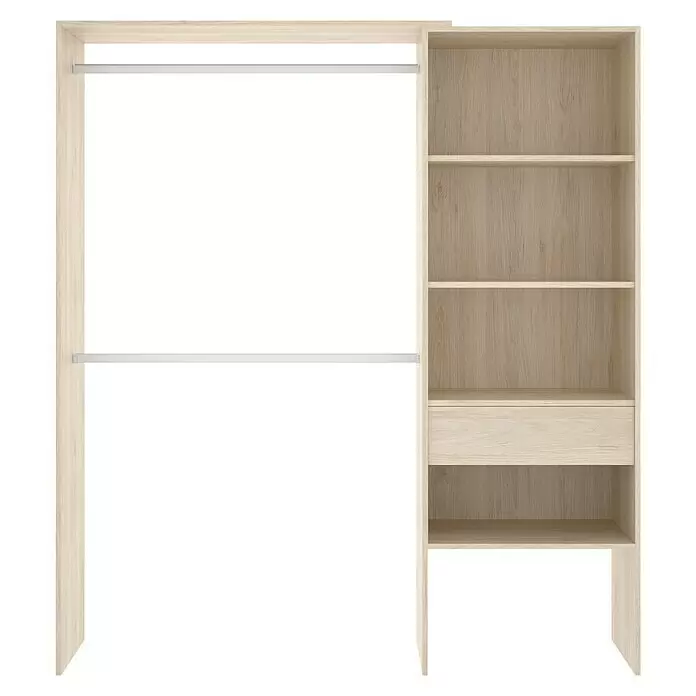 Dekit Armario para ropa Suit - L x An x Al: 40 x 160 x 187 cm, Roble, Melamina - Módulo de armario abierto de madera clara con dos barras para colgar, varias baldas y un cajón.