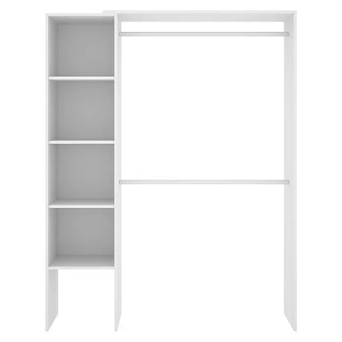Dekit Armario para ropa Suit - L x An x Al: 40 x 140 x 187 cm, Blanco, Melamina - Organizador modular de armario abierto blanco con estantes a la izquierda y dos barras para colgar a la derecha.