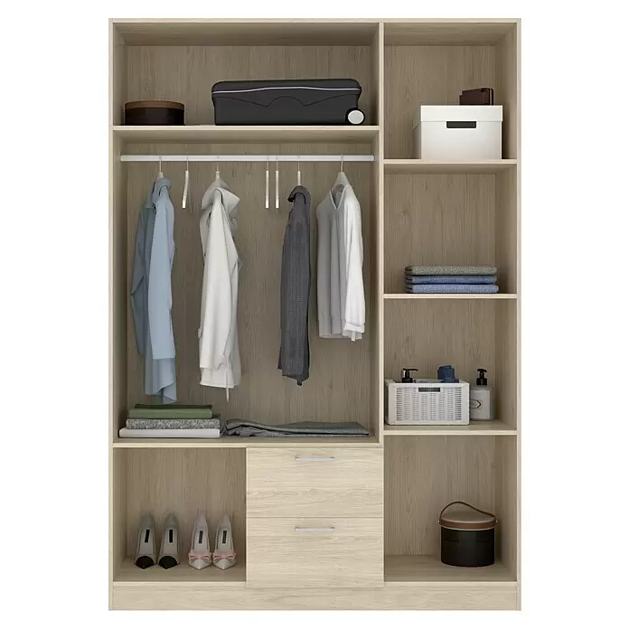Dekit Armario para ropa Maxi - L x An x Al: 52 x 150 x 215 cm, Roble, Número de puertas: 3 ud. - Armario de madera clara con estantes, barra para colgar y cajones, organizado con ropa, zapatos y artículos de almacenamiento.