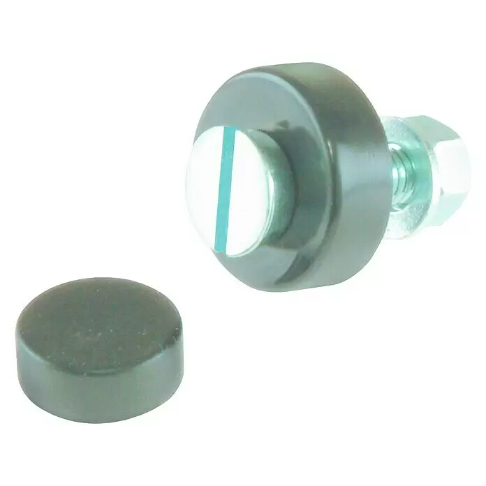 Stabilit Tornillo para letreros - Rosca: M 6, Largo: 20 mm, Zincado - Tapa de tornillo gris oscuro con centro blanco, tornillo ranurado y tuerca, más una tapa a juego separada.