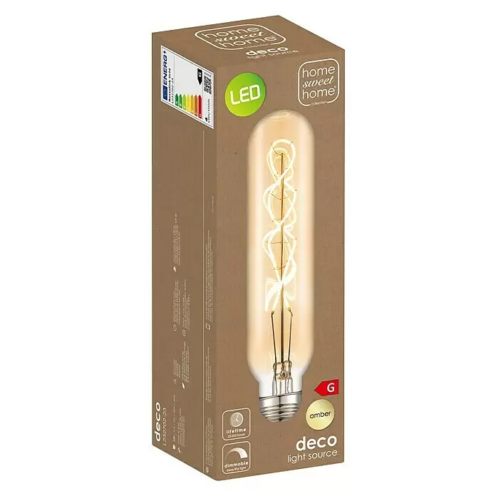Home Sweet Home LED-Lampe - E27, Dimmbar, Warmweiß, 280 lm, 4 W - Amberfarbene LED-Glühlampe in brauner Kartonverpackung mit „Home Sweet Home“-Branding. Dimmbar, Energieklasse G.