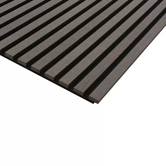 FN Neuhofer Akustikpaneel Acustico - Eiche geräuchert, L x B x S: 2.400 x 572,5 x 19 mm - Dunkelgraues Akustik-Wandpaneel mit Holzlamellen auf schwarzem Filzträger.