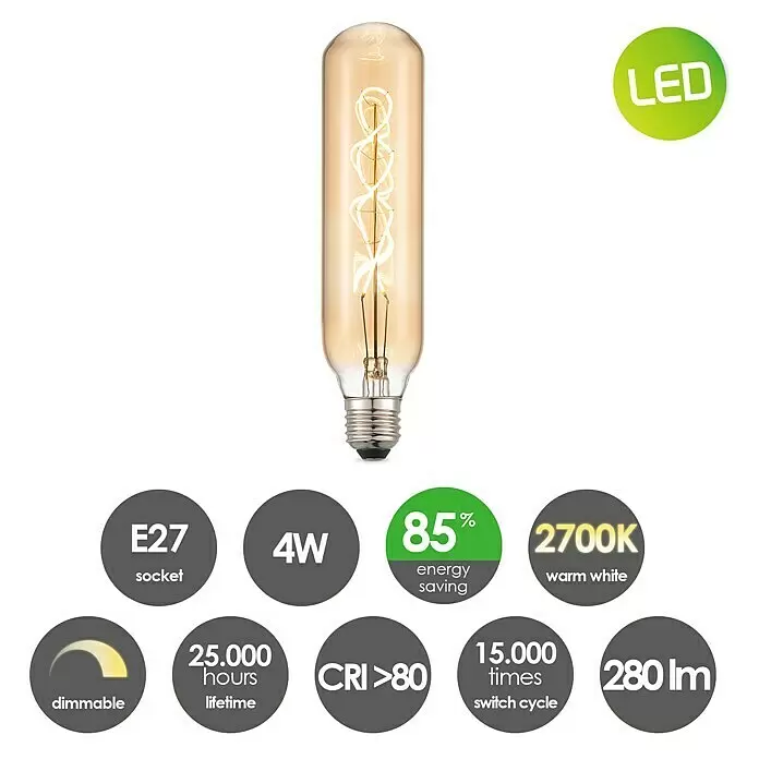 Home Sweet Home LED-Lampe - E27, Dimmbar, Warmweiß, 280 lm, 4 W - Eine längliche, klare LED-Filament-Glühbirne mit warmem bernsteinfarbenem Licht und E27-Schraubsockel.