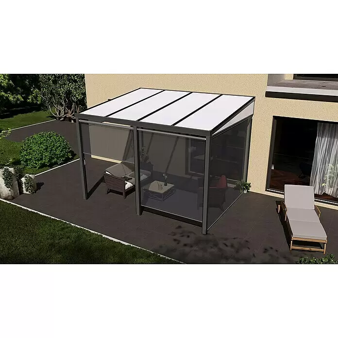 Gardendreams Terrassenüberdachung Gartenzimmer - B x T: 400 x 304,5 cm, Anthrazitgrau, Polycarbonat, Opal - Stimmungsaufnahme