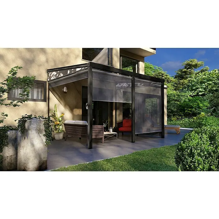 Gardendreams Terrassenüberdachung Gartenzimmer - B x T: 400 x 304,5 cm, Anthrazitgrau, Polycarbonat, Opal - Moderne Terrassenüberdachung mit Sonnenschutzrollos für entspannte Stunden im Freien.