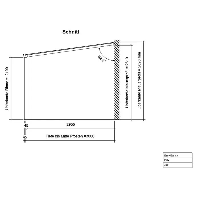 Gardendreams Terrassenüberdachung Gartenzimmer - B x T: 400 x 304,5 cm, Anthrazitgrau, Polycarbonat, Opal - Skizze einer Überdachung mit Maßen. Höhe der Dachrinne 2100, Tiefe bis Mitte Pfosten 3000, Winkel 82,0°, Mauerprofil unten 2510, oben 2626 mm.