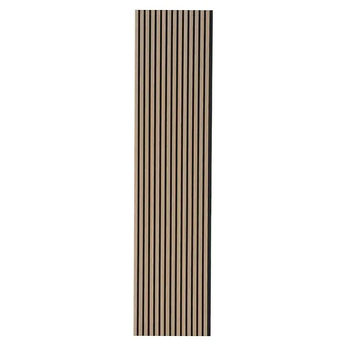 FN Neuhofer Akustikpaneel Acustico - Zebrano, L x B x S: 2.400 x 572,5 x 19 mm - Holzpaneel zur Wandverkleidung mit hellen Holzleisten und dunklem Hintergrund für modernes Design.