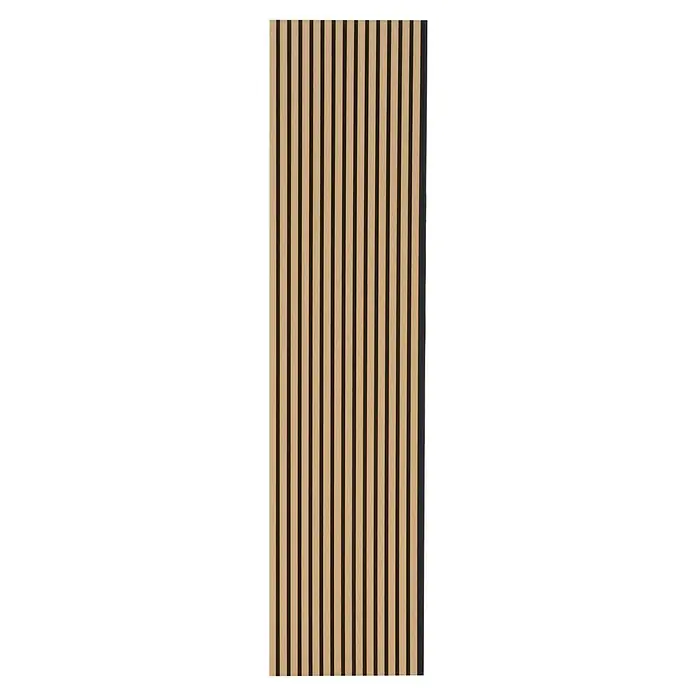 FN Neuhofer Akustikpaneel Acustico - Eiche foliert, L x B x S: 2.400 x 572,5 x 19 mm - Paneel mit hellen Holzlatten und dunklen Streifen für moderne Wandgestaltung.