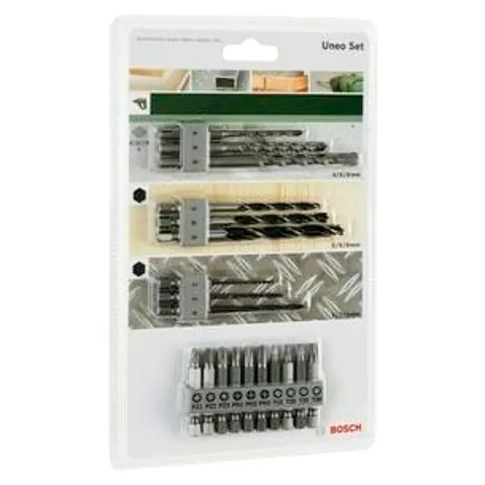 Bosch Kit de accesorios Uneo - 19 pzs. - El juego Bosch Uneo, un juego completo de brocas y puntas para proyectos de bricolaje, empaquetado en plástico transparente.