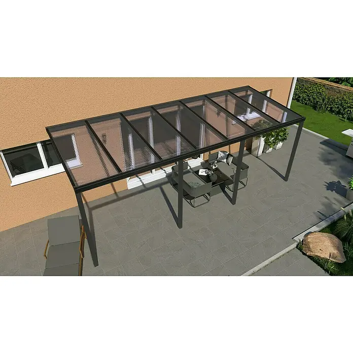 Gardendreams Terrassenüberdachung Light EditionB x T: 700 x 250 cm, Anthrazitgrau, Polycarbonat, Klar - Das Bild zeigt eine moderne Terrassenüberdachung mit transparentem Dach und minimalistischem Design, die Schatten spendet und den Außenbereich aufwertet.