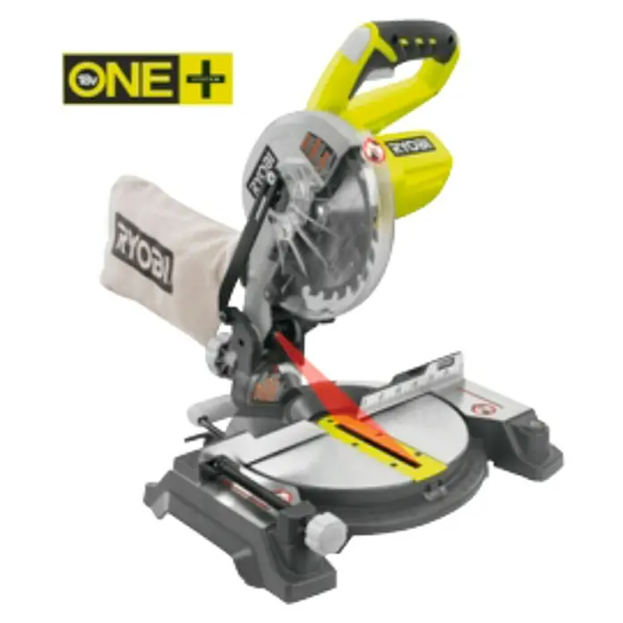 Ryobi ONE+ Ingletadora de batería EMS190DCL - 18 V, Iones de litio, Sin batería, Diámetro hoja de sierra: 190 mm, Número de revoluciones de marcha en vacío: 4.500 r.p.m. - Imagen de una sierra ingletadora Ryobi ONE+, perfecta para hacer cortes precisos en madera.