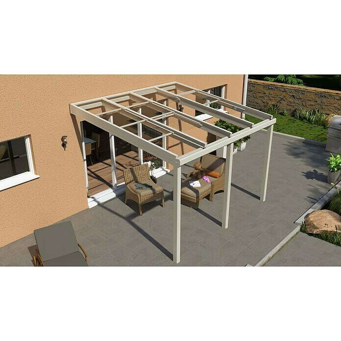 Terrassenüberdachung Special Edition mit Schiebedach (L x T: 400 x 350 cm, Verbundsicherheitsglas VSG, Verkehrsweiß, Klar)