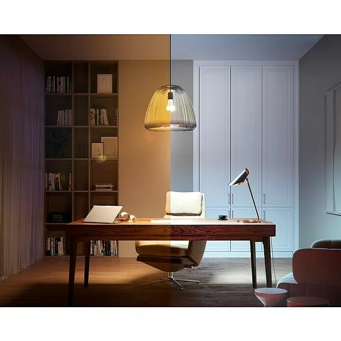 Philips Hue Lichtsteuerung Tap Dialswitch - 6 x 6 x 2 cm, Smart Home-fähig: Ja, Schwarz, Dimmbar - Gerippte Glas-Pendelleuchte zeigt warme und kühle Lichteinstellungen in einem modernen Heimbüro.