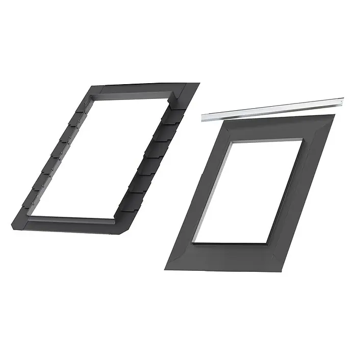 Velux Marco integrado plano EDL CK04 - 55 x 98 cm - Dos marcos de tragaluz grises, uno con persianas, proporcionan diferentes opciones de ventilación para su techo.