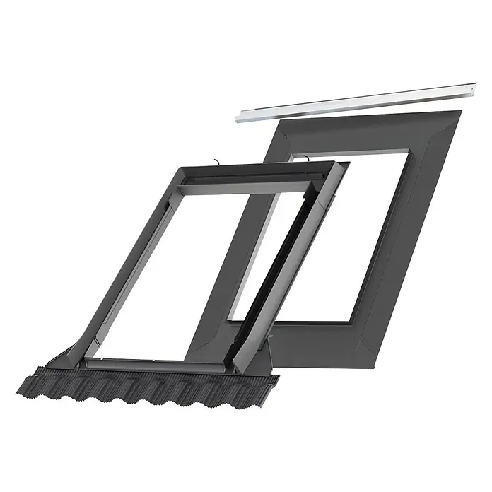 Velux Marco integrado ondulado EDW SK06 - 114 x 118 cm - Vista detallada de una ventana de techo: La ventana de alta calidad está elegantemente integrada en una estructura de ladrillo, proporcionando luz natural.