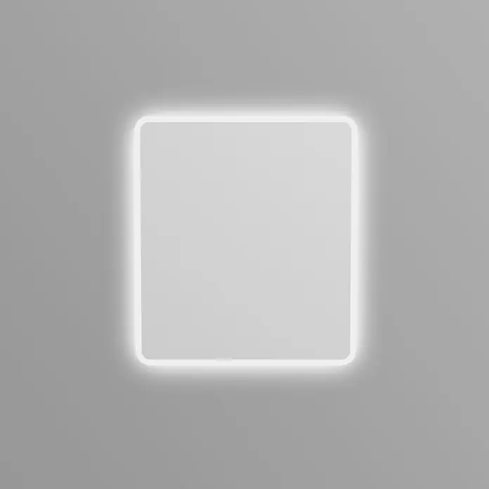 DSK Lichtspiegel Silver Luna - 40 x 45 cm - Bild eines quadratischen Spiegels mit abgerundeten Ecken und LED-Beleuchtung, der an einer grauen Wand befestigt ist.