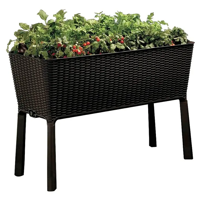 Keter Huerto Easy Grow - 115 x 50 x 75,7 cm, Plástico, Marrón - La jardinera elevada de mimbre con patas ofrece una forma cómoda de cultivar hierbas y verduras.