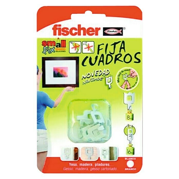 Fischer Gancho para colgar cuadros sin herramientas (Carga soportada: 8 kg,  8 ud., Blanco)