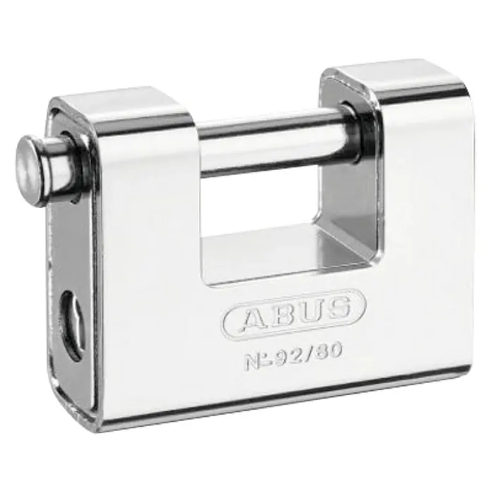 Abus Candado con cerradura blindado 92/80B - 39 x 115 mm, Material estribo: Acero inoxidable - Primer plano de un candado ABUS de acero, que garantiza seguridad y protección para diversas aplicaciones.