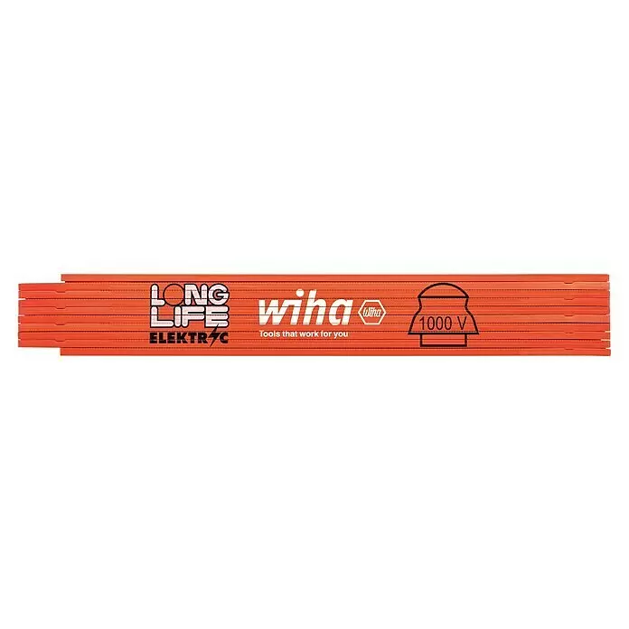 Wiha Zollstock Longlife® - Länge: 2 m - Gestapelte orange Wiha Messstäbe für Elektroarbeiten. Mit „Long Life Elektric“, „1000 V“ und dem Slogan „Tools that work for you“.