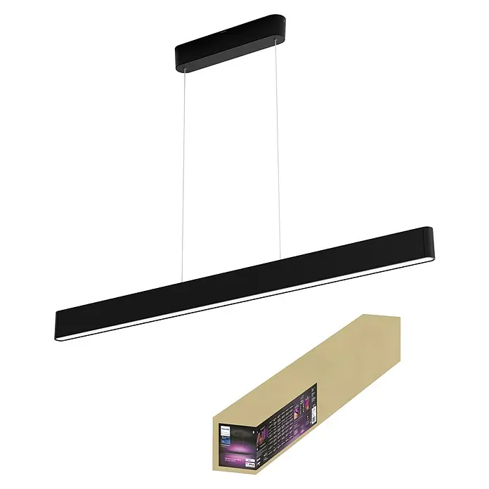 Philips Hue LED-Pendelleuchte White and Color Ambience Ensis - 79 W, L x B x H: 129,9 x 4 x 157 cm, Schwarz, RGBW - Eine moderne, schwarze Philips Hue Pendelleuchte mit LED-Beleuchtung, ideal für Esszimmer und Küchen, mit zugehöriger Verpackung.
