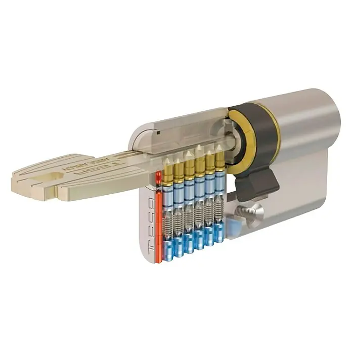 Tesa Assa Abloy Cilindro de perfil T60 - Número de llaves: 5 ud., Longitud total interior/exterior: 30/40 mm, Níquel - Ilustración de un cilindro de cerradura en sección transversal con la llave insertada, mostrando los mecanismos internos de la cerradura.