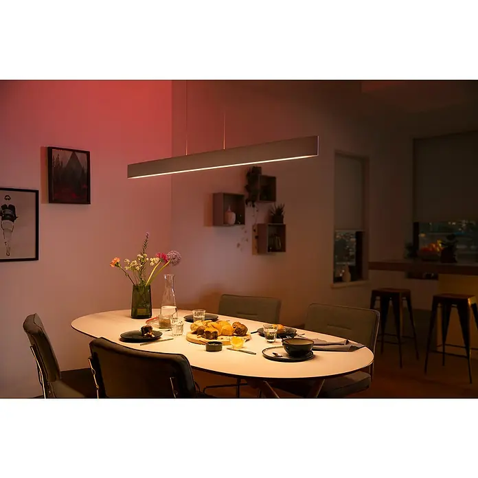 Philips Hue LED-Pendelleuchte White and Color Ambience Ensis - 79 W, L x B x H: 129,9 x 4 x 157 cm, Weiß, Mehrfarbig - Moderne Pendelleuchte über Esstisch.