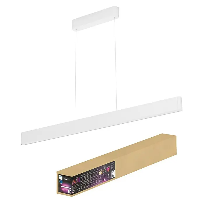 Philips Hue LED-Pendelleuchte White and Color Ambience Ensis - 79 W, L x B x H: 129,9 x 4 x 157 cm, Weiß, Mehrfarbig - Eine moderne, weisse LED-Hängeleuchte über einer Verpackung, die das Produkt widerspiegelt. Schlichtes Design für zeitgemässe Beleuchtung.