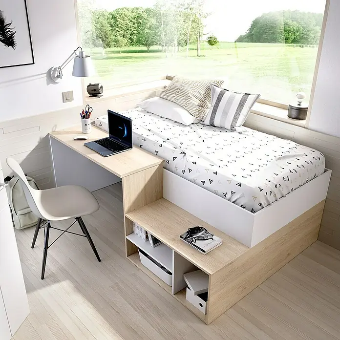 Dekit Cama con escritorio Kric - L x An x Al: 134 x 195 x 72 cm, Blanco/Natural - Habitación juvenil moderna con cama, escritorio integrado y espacio de almacenamiento. El diseño luminoso crea un ambiente acogedor.