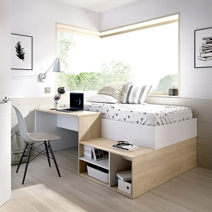 Dekit Cama con escritorio Kric - L x An x Al: 134 x 195 x 72 cm, Blanco/Natural - Una habitación infantil moderna con una cama y escritorio combinados en blanco y madera, ideal para espacios pequeños.