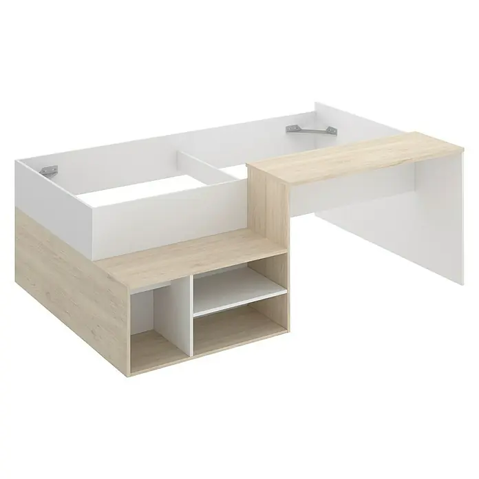 Dekit Cama con escritorio Kric - L x An x Al: 134 x 195 x 72 cm, Blanco/Natural - Vista del producto de un escritorio moderno con estanterías en blanco y efecto madera, ideal para oficina o habitación juvenil. Diseño elegante para cualquier espacio.