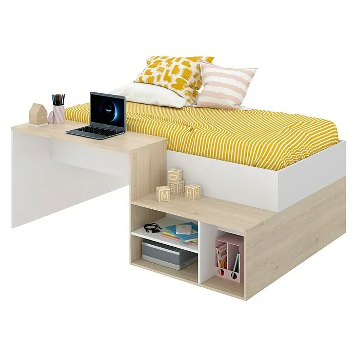 Dekit Cama con escritorio Kric - L x An x Al: 134 x 195 x 72 cm, Blanco/Natural - Esta imagen muestra una cama juvenil funcional con escritorio y espacio de almacenamiento en madera clara y decoración blanca. Perfecto para espacios pequeños.