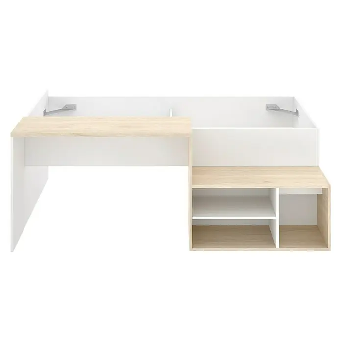 Dekit Cama con escritorio Kric - L x An x Al: 134 x 195 x 72 cm, Blanco/Natural - Un escritorio moderno en blanco y aspecto de madera con estantes. Ideal para oficina o estudio y ofrece mucho espacio de almacenamiento.