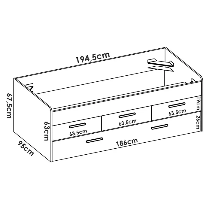 Dekit Cama nido Leka - L x An x Al: 195 x 95 x 68 cm, Blanco - Ilustración de una mesita de noche con cajones y dimensiones de 194,5 cm de largo, 67,5 cm de alto y 95 cm de profundidad.