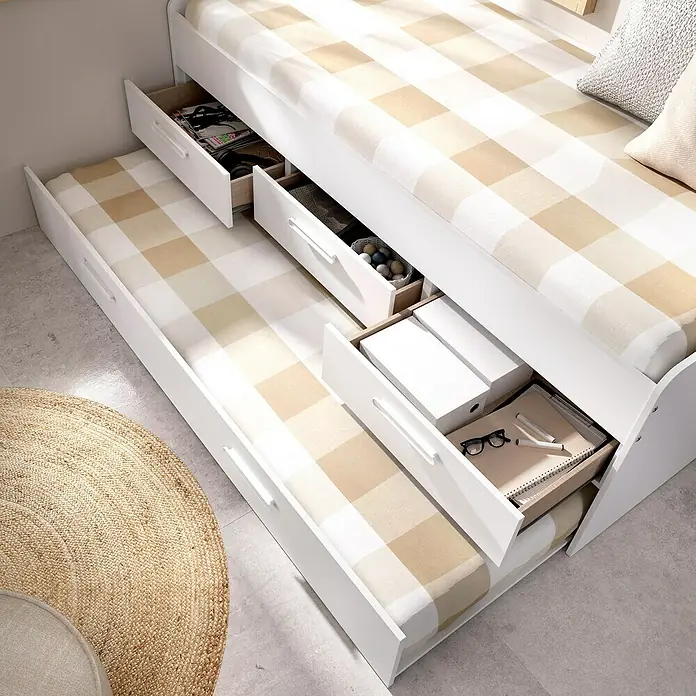 Dekit Cama nido Leka - L x An x Al: 195 x 95 x 68 cm, Blanco - Cama con cajones extraíbles para almacenaje, maximizando el espacio y manteniendo la habitación ordenada.