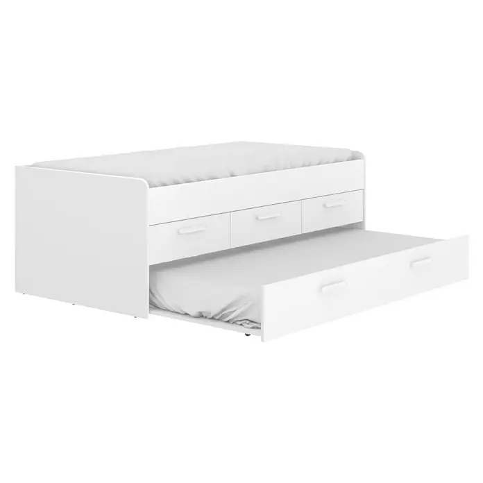 Dekit Cama nido Leka - L x An x Al: 195 x 95 x 68 cm, Blanco - Cama de día blanca con tres cajones y cama nido extraíble para espacio adicional para dormir o guardar cosas.