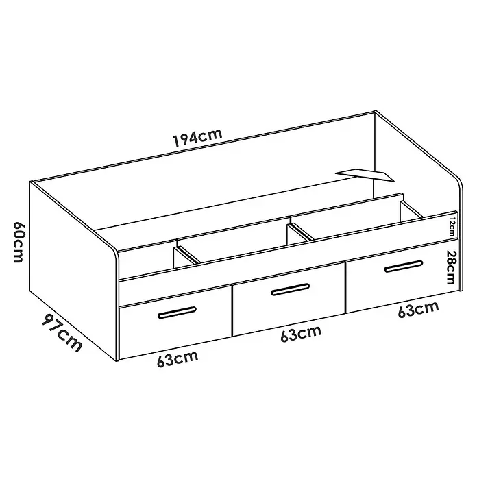 Dekit Cama Mek - L x An x Al: 194 x 97 x 60 cm, Blanco - Ilustración de una cómoda con cajones y las medidas respectivas en centímetros.
