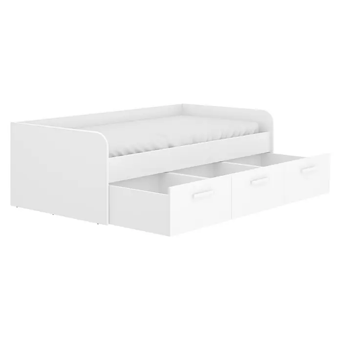 Dekit Cama Mek - L x An x Al: 194 x 97 x 60 cm, Blanco - Imagen de una cama de día blanca con tres cajones. La cama presenta un diseño moderno y ofrece espacio de almacenamiento adicional.