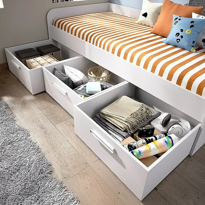 Dekit Cama Mek - L x An x Al: 194 x 97 x 60 cm, Blanco - Cama con cajones extraíbles para guardar cosas. Mucho espacio de almacenamiento debajo de la cama con prácticas asas para sacar.