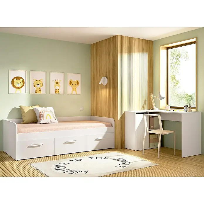 Dekit Cama Mek - L x An x Al: 194 x 97 x 60 cm, Blanco - Una habitación infantil luminosa con una cama blanca con cajones, un escritorio y una silla, decorada con imágenes de animales y alfombra.