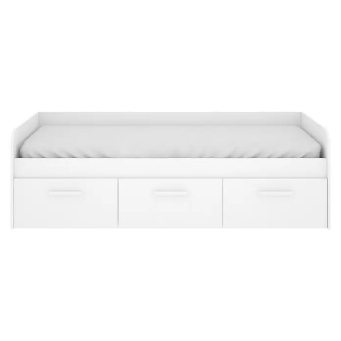 Dekit Cama Mek - L x An x Al: 194 x 97 x 60 cm, Blanco - Un sofá cama blanco minimalista con tres cajones para almacenamiento adicional, con un diseño sencillo y moderno.