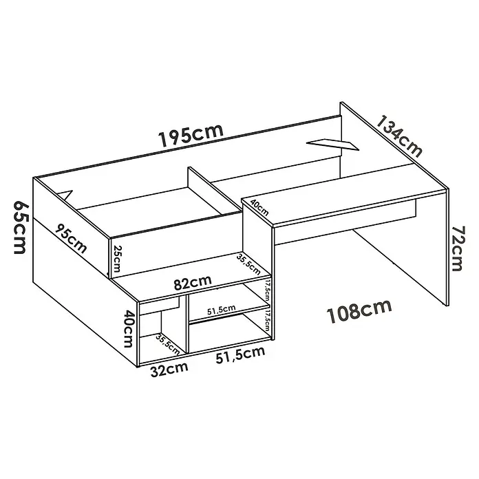 Dekit Cama con escritorio Kric - L x An x Al: 134 x 195 x 72 cm, Blanco/Natural - Un dibujo en perspectiva de un escritorio que mide 195cm x 134cm, incluyendo estantes para almacenamiento.