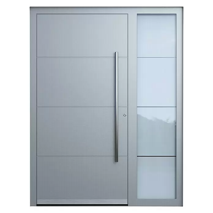 Portofino Haustür 702PF - Mit Seitenteil, 160 cm x 210 mm, DIN Anschlag: Rechts, 70161 Eisenglimmer - Moderne graue Metall-Haustür mit langem Edelstahlgriff und Milchglas-Seitenteil.