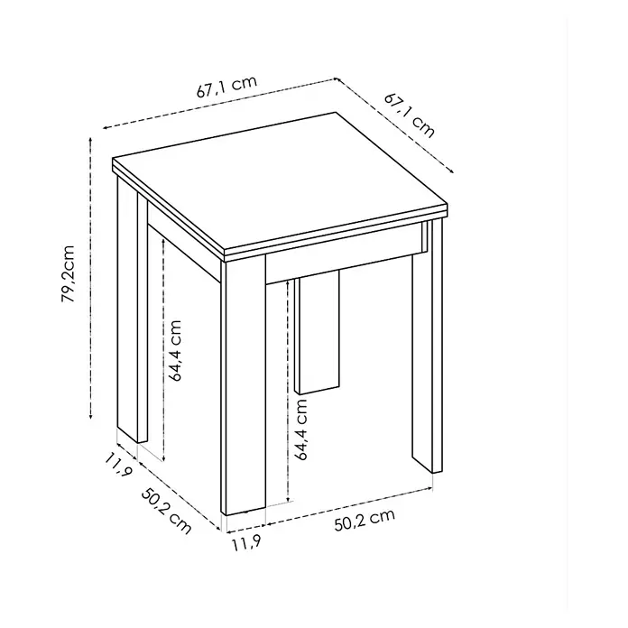 Dekit Mesa auxiliar Bok - L x An x Al: 67 x 67 x 79 cm, Blanco, Extensible - Diagrama esquemático de una mesa cuadrada con dimensiones detalladas.