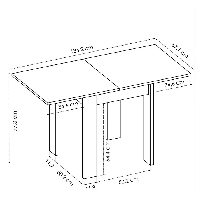 Dekit Mesa auxiliar Bok - L x An x Al: 67 x 67 x 79 cm, Blanco, Extensible - Dimensiones de una mesa de comedor extensible, que mide 134,2 cm de largo, 67,1 cm de ancho y 77,3 cm de alto.