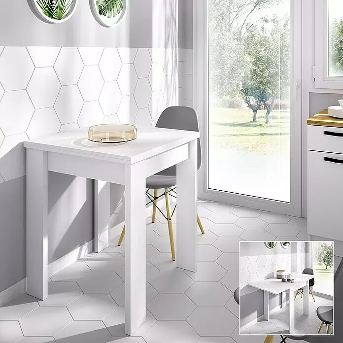 Dekit Mesa auxiliar Bok - L x An x Al: 67 x 67 x 79 cm, Blanco, Extensible - Una mesa de comedor blanca con sillas grises en una cocina moderna. Un cuenco de cristal está sobre la mesa.