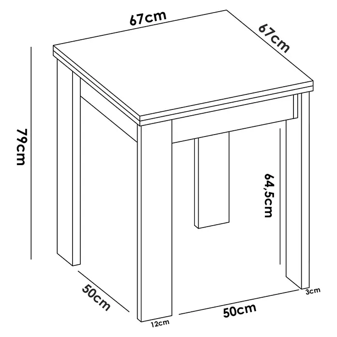 Dekit Mesa auxiliar Bok - L x An x Al: 67 x 67 x 79 cm, Blanco, Extensible - Imagen de una ilustración de mesita de noche cuadrada con dimensiones de 67x67x79 cm y las patas de 50x50 cm.